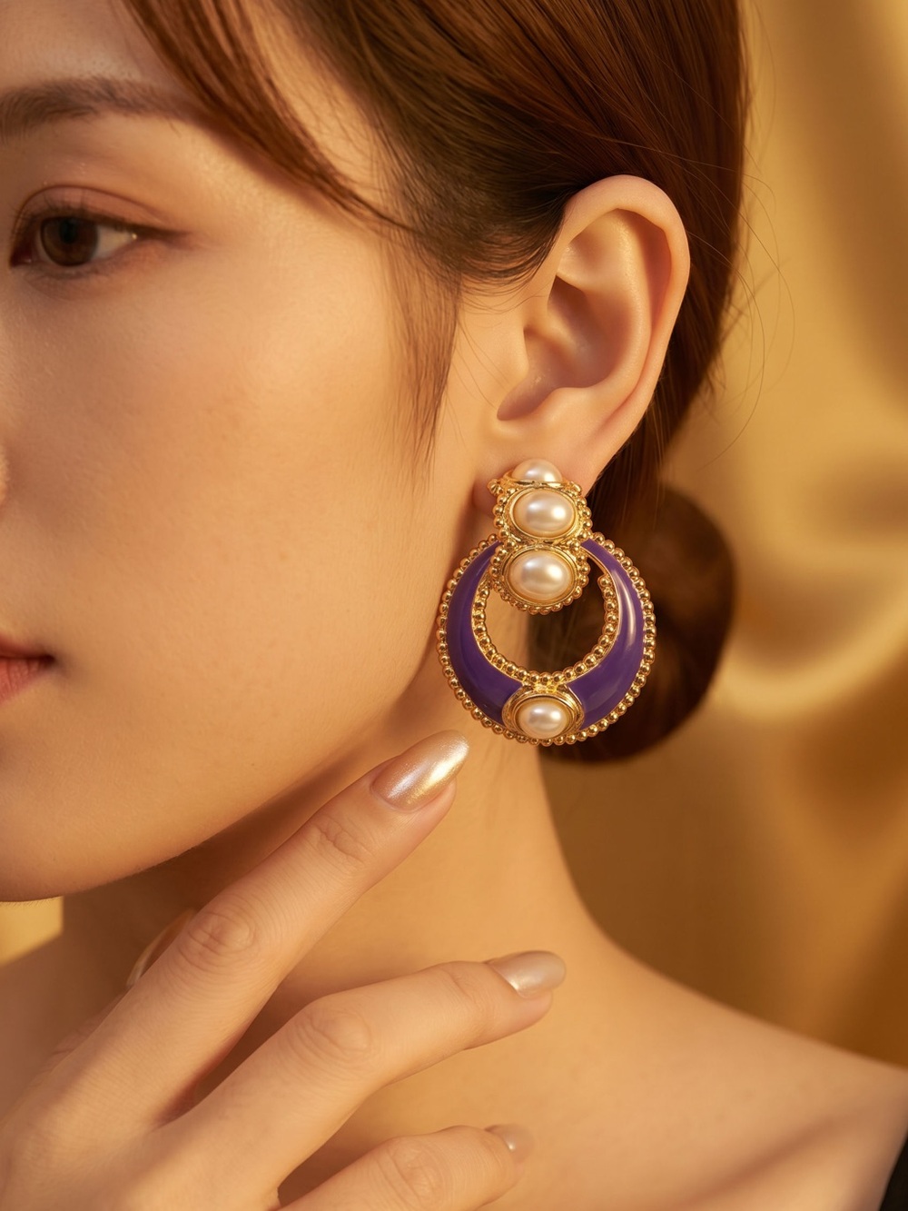 Elegant Purple and Gold Pearl Hoop Earrings